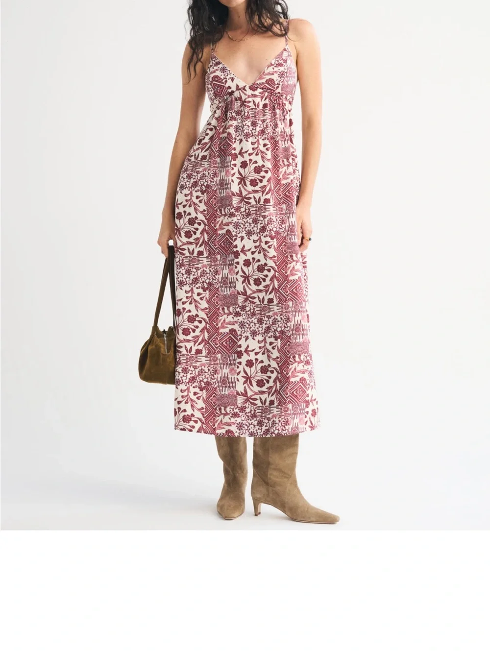 Abercrombie & Fitch Bra Free Clasp Back Cream Maxi Dress with Dusty Rose Print